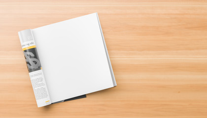 Realistic, right page isolated, square magazine or catalog mock up on wooden background. Blank square magazine page for mockups. 3D illustration.