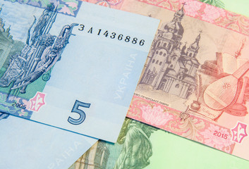 Ukrainian money. Five, ten and twenty hryvnia bills. Cash. Uah.
