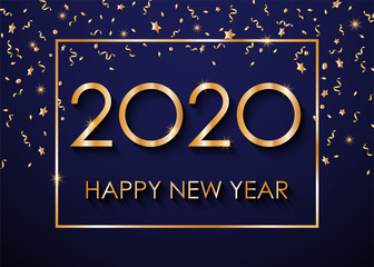 Fototapeta na wymiar 2020 Happy New Year text for greeting card, with gold glitter stars and confetti on a blue background, calendar, invitation.
