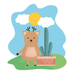cute deer with exotic cactus in ceramic pot