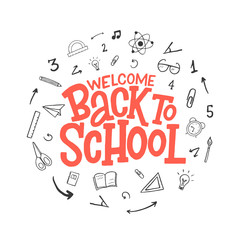 Back to school vector hand drawn sketch lettering inscription.