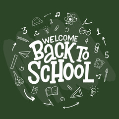 Back to school vector hand drawn sketch lettering inscription on dark green background.