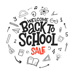 Welcome back to school vector hand drawn doodle colorful lettering inscription with decorative elements isolated on white background.