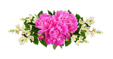 Pink peonies and jasmine flowers in a line floral arrangement