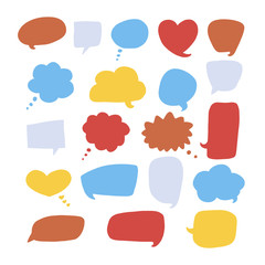 Colorful communication speech bubbles set, hand drawn dialog clouds. Vector illustration.