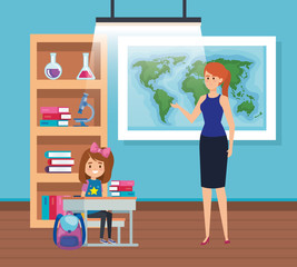 female teacher with student girl in the classroom