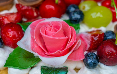 cake decoration of cakes with a layer of cream decorated with fruit in gel and rose flower of sugar...