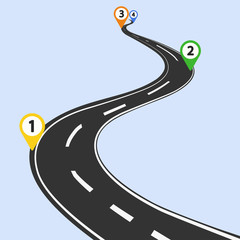Curved road infographic with color pins checkpoint - obrazy, fototapety, plakaty