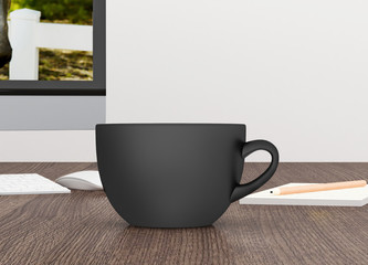 Cup of coffee on wooden table, Black cup, 3D, Cup mockup