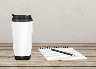 Travel coffee cup and paper on table, Travel coffee cup mockup 3D, Blank