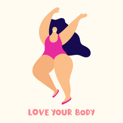 Girl in swimsuit. Inscription - love your body. Hand drawn vector illustration with lettering. Best for greeting card, t shirt, print, stickers, posters design.