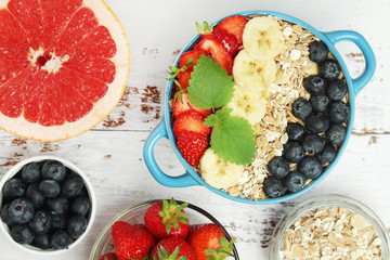  Healthy diet breakfast including cereal with berry and fruits
