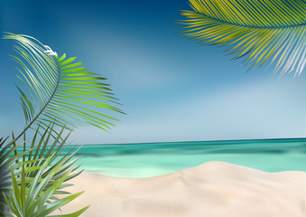 Fototapeta na wymiar Summer Beach with Palms and Sea Background - Colored Illustration, Vector