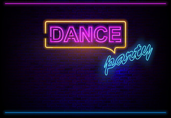 Neon Dance Party on Brick Wall Background with Glowing Colored Effects - Illustration, Vector