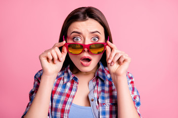 Close up photo astonished funny funky lovely teen teenager disappointed frightened hear horrible...