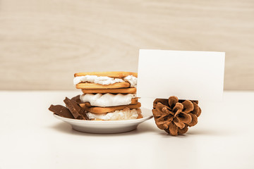 smore - cookies, chocolate and marshmallows - traditional dessert - card mock up