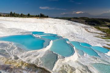 Natural travertine pools and terraces in Pamukkale. Cotton castle in southwestern Turkey