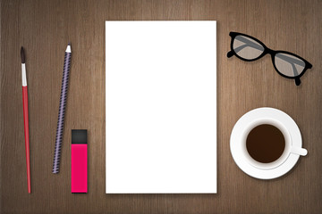 Blank Notepad and cup of coffee color on wooden table, 3D, Mock-up