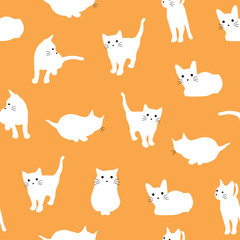 Obraz premium Cute cat silhouette on orange background seamless vector pattern