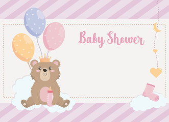 Fototapeta premium card of teddy bear with crown and balloons decoration