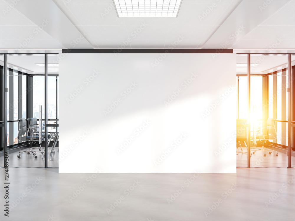 Poster blank white wall in concrete office with large windows mockup 3d rendering