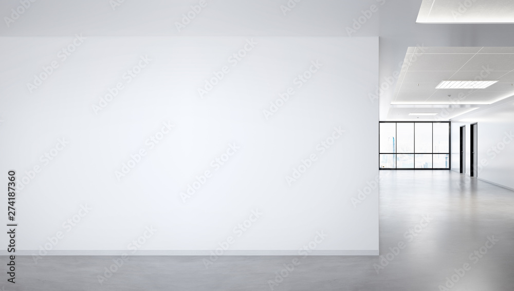 Poster blank wall in bright office mockup with large windows and sun passing through 3d rendering