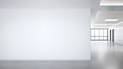 Blank wall in bright office mockup with large windows and sun passing through 3D rendering