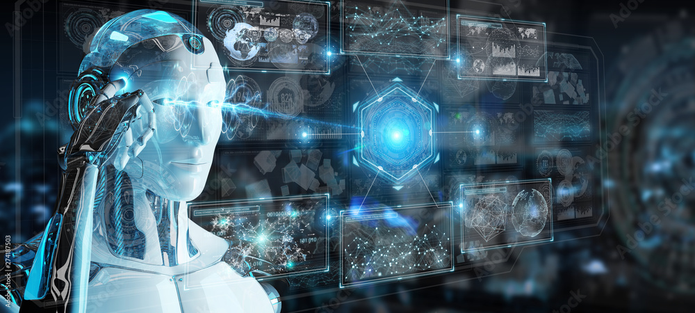 Aufkleber white humanoid robot using digital technological interface with datas 3d rendering