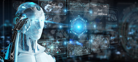 White humanoid robot using digital technological interface with datas 3D rendering