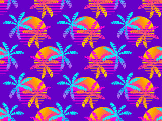 Seamless pattern with palm trees and the sun, colorful gradient in the style of the 80s. Summer retro background. Vector illustration
