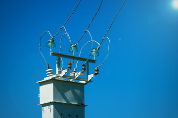 Obraz premium High voltage power transformer substation. Power Transmission Line.