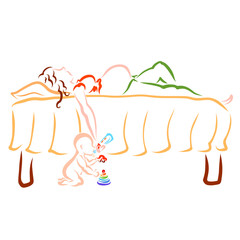 baby plays and drinks from a bottle in the hand of a sleeping pregnant mother