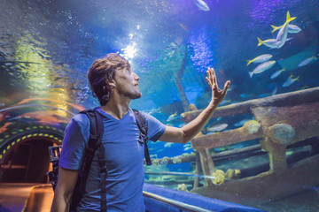 curious tourist watching with interest on shark in oceanarium tunnel