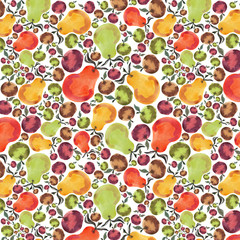 Watercolor illustration is isolated on white background. Seamless autumn pattern with apple, pear and leaves