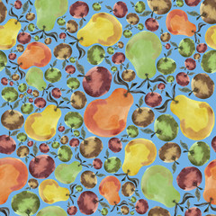Watercolor illustration is isolated on white background. Seamless autumn pattern with apple, pear and leaves