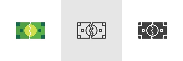 Tearing money banknote icon. Line, glyph and filled outline colorful version, Money Torn outline and filled vector sign. Broken Bills symbol, logo illustration. Different style icons set.
