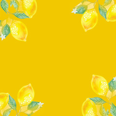 Drawn yellow lemons with leaves in the form of a frame on a yellow background. Place for text