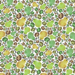Watercolor illustration is isolated on white background. Seamless autumn pattern with apple, pear and leaves