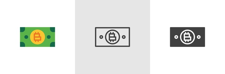 Bitcoin paper money icon. Line, glyph and filled outline colorful version, Crypto currency money outline and filled vector sign. Symbol, logo illustration. Different style icons set. Vector graphics