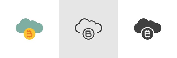 Bitcoin cloud icon. Line, glyph and filled outline colorful version, Cryptocurrency cloud mining outline and filled vector sign. Symbol, logo illustration. Different style icons set. Vector graphics
