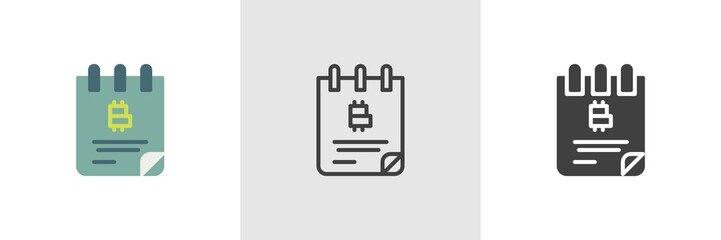 Bitcoin cheque book icon. Line, glyph and filled outline colorful version, cryptocurrency notepad outline and filled vector sign. Symbol, logo illustration. Different style icons set. Vector graphics