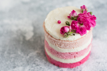 Beautiful pink cream and berries cake on a light concrete background. Birthday celebration