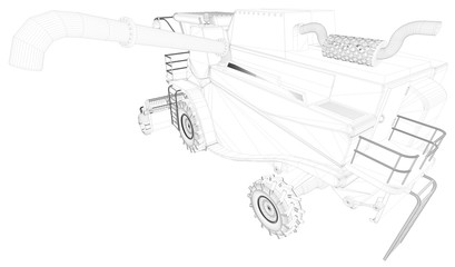 Thin contoured, detailed 3D scheme of combine harvester with grain pipe isolated, farming machine development concept - industrial 3D illustration