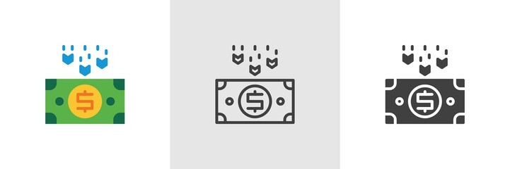 Obraz premium Dollar rate falling icon. Line, glyph and filled outline colorful version, Dollar money decrease outline and filled vector sign. Symbol, logo illustration. Different style icons set. Vector graphics