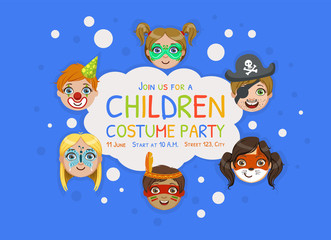 Fototapeta na wymiar Children Costume Party Banner Template, Kids Party Flyer, Poster, Invitation Card Vector Illustration
