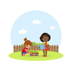 Obraz na płótnie Canvas Cute Kids Working in Garden, Girl with Watering Can Watering Carrots Vector Illustration
