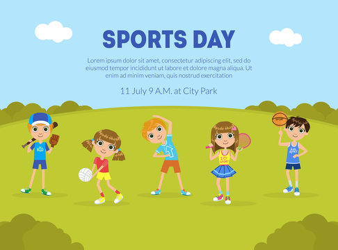 Sports Day Banner Template, Sport Activity Outdoors, Children Doing Sports On Nature, Flyer, Poster, Invitation Card Vector Illustration