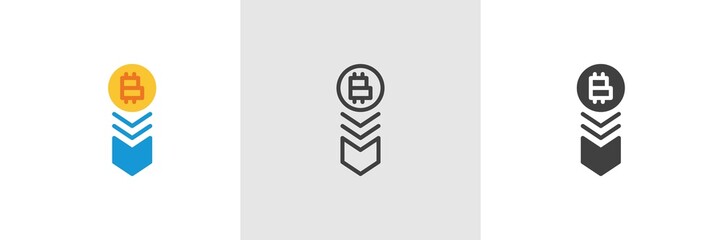 Bitcoin rate falls down icon. Line, glyph and filled outline colorful version, Cryptocurrency down arrow outline and filled vector sign. Symbol, logo illustration. Different style icons set.