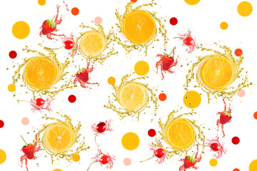 Pattern with strawberry,lemon,cherry and orange.Exotic tropical concept background.Strawberry,lemon,orange cherry on white background with colorful dots