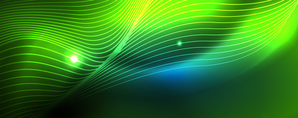 Smooth wave lines on blue neon color light background. Glowing abstract wave on dark, shiny motion, magic space light